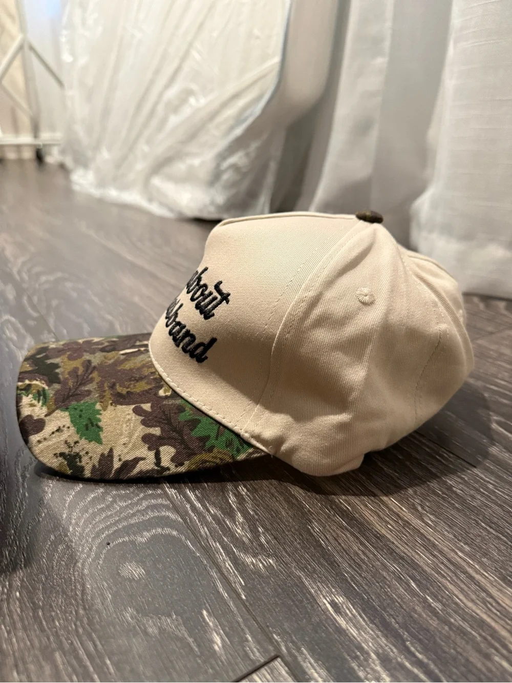 Sorry About My Husband Beige Cap with Camo Brim
